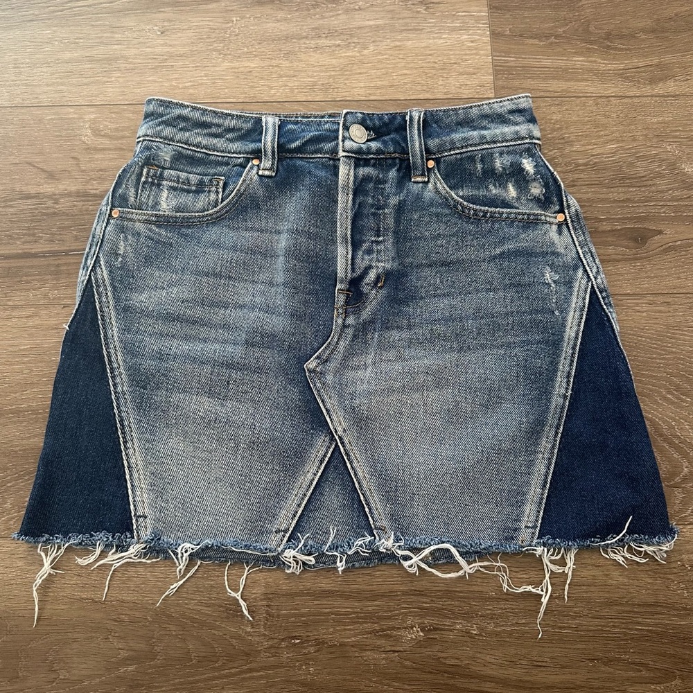 Pacsun Denim Mini Skirt Button Fly Pattern Fringe